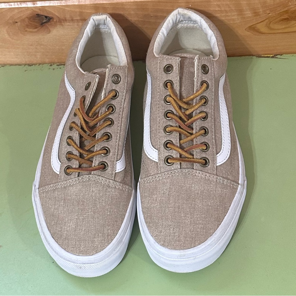 Old School Vans Women's Sz 10 Men’s Sz 8.5 Beige Canvas Leather Laced Sneakers - Picture 7 of 9
